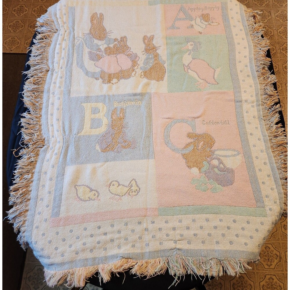 Vintage Beatrix Potter Peter Rabbit ABC Original Quiltex Baby Crib Woven Blanket